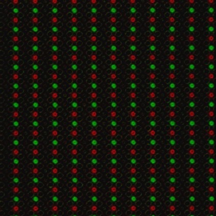 An enlargement of the DNA synthesis array in Figure 2 F, where the green and red fluorescent spots alternate, confirming that acid does not diffuse unexpectedly and that the DNA synthesis process works.  