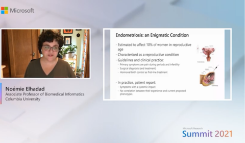 Noémie Elhadad giving a research talk on CitizenEndo: Patient-centered endometriosis research Oct 19, 2021 at Microsoft Research Summit 2021