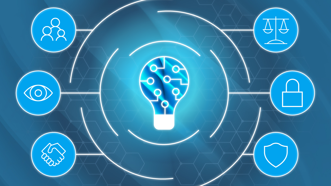blue graphic with a light honeycomb pattern background featuring a lightbulb in the middle and various icons around it: handshake, eye, connected people, balanced scale, lock, and shield