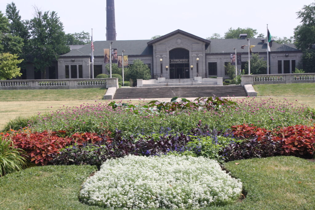 a close up of a flower garden in front of the DuSable Museum