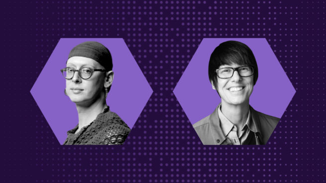 Headshots of podcast guest Dr. Sasha Costanza-Chock and host Dr. Mary Gray side by side and set against a dark purple background. Each headshot is contained within a hexagon shape.