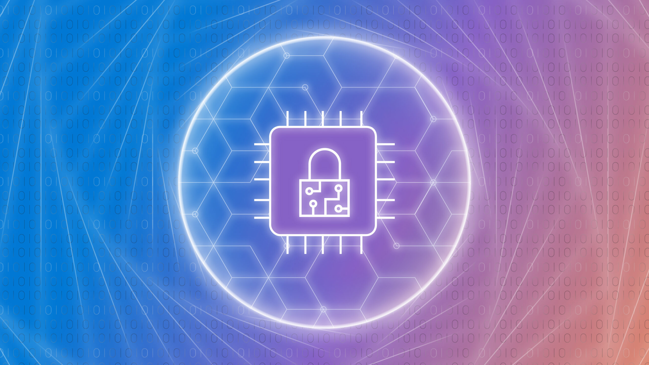 White lock within a geometric circle over top a blue to orange color gradient background