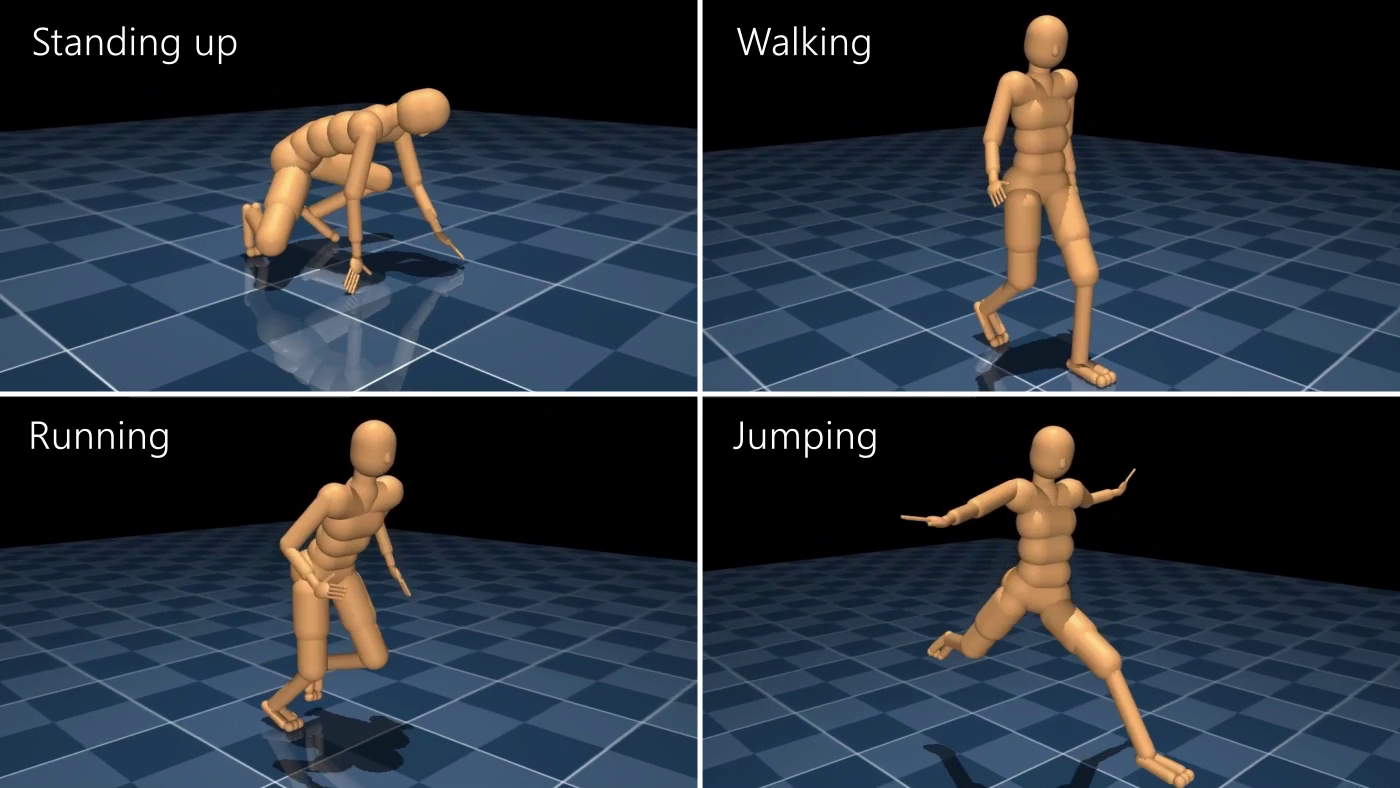 A montage of four animated figures completing humanoid actions: standing up, walking, running, and jumping.