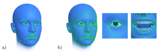 Image depicting two head models. The one on the left has the 68 commonly used facial landmarks identified along the jawline, eyebrows, eyes, nose, and mouth. The one on the right has 703 facial landmarks applied, covering the entire head in great detail. 