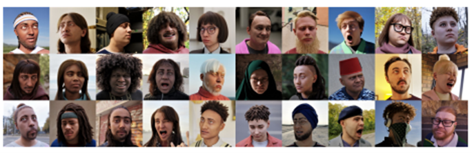 Image showing 30 faces created using synthetic data. Each face varies in terms of age, race, hair, expression, gaze, and other identifying characteristics. The faces are both female and male and are depicted in a different environments. 