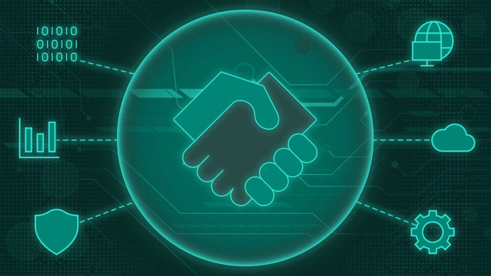 The image has one large circle with shaking hands in the center. Surrounding the circle are six smaller graphics: a series of code, a bar graph, a shield, a cog, a cloud, and a computer.