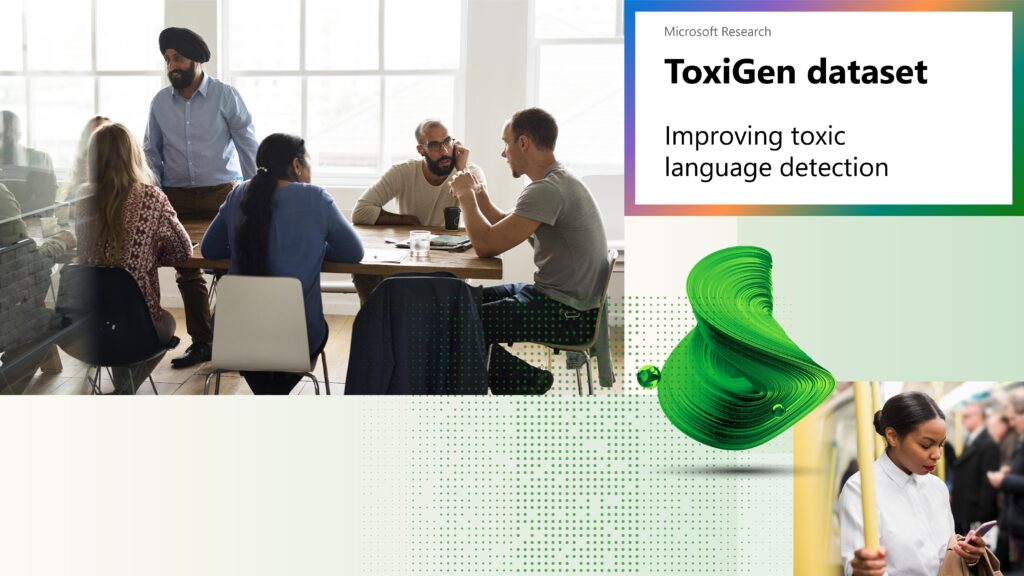 Graphic for ToxiGen dataset for improving toxic language detection with images of diverse demographic groups of people in discussion and on smartphone.