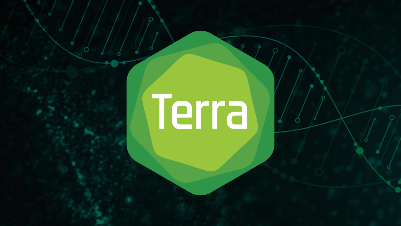Terra's logo on a black background with abstract DNA strand pattern