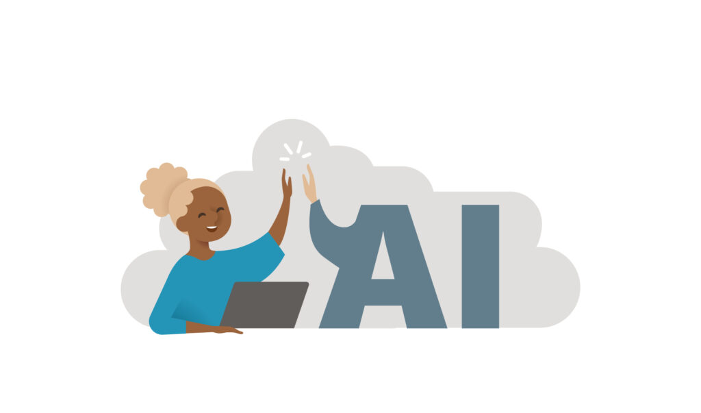 Illustrations showing a woman high fiving AI