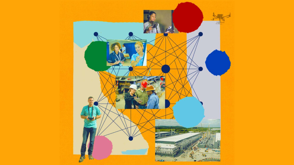 Microsoft's approach to AI - collage of images on yellow background