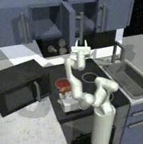 A short clip showing a robotic arm interacting with a kitchen environment performing a specific task.