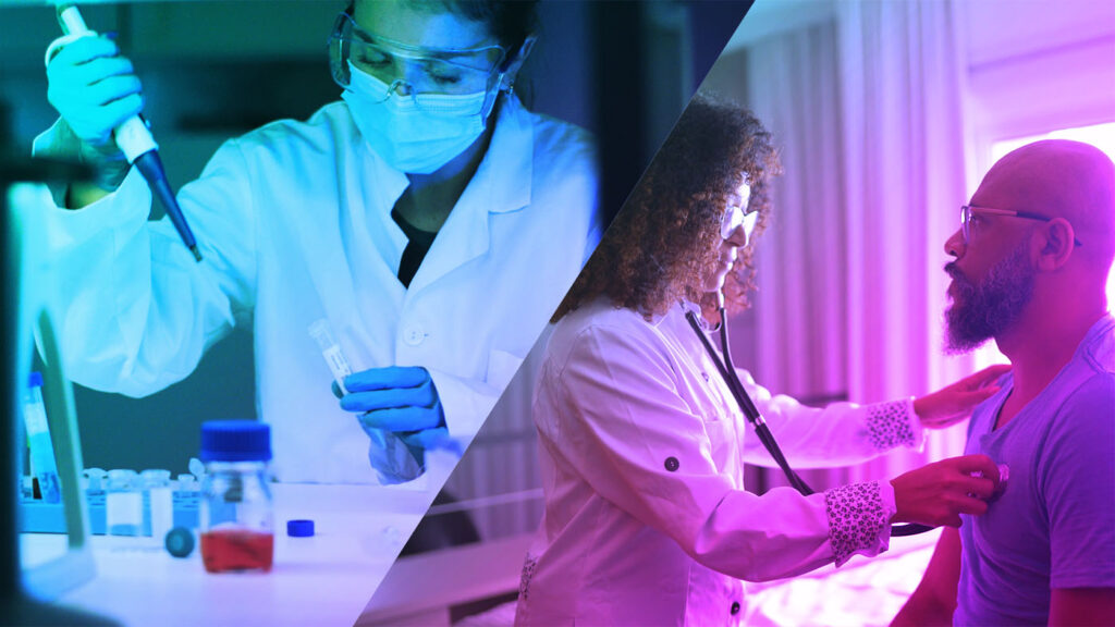 Real-world evidence (RWE) - split screen image of a lab tech and a doctor with patient