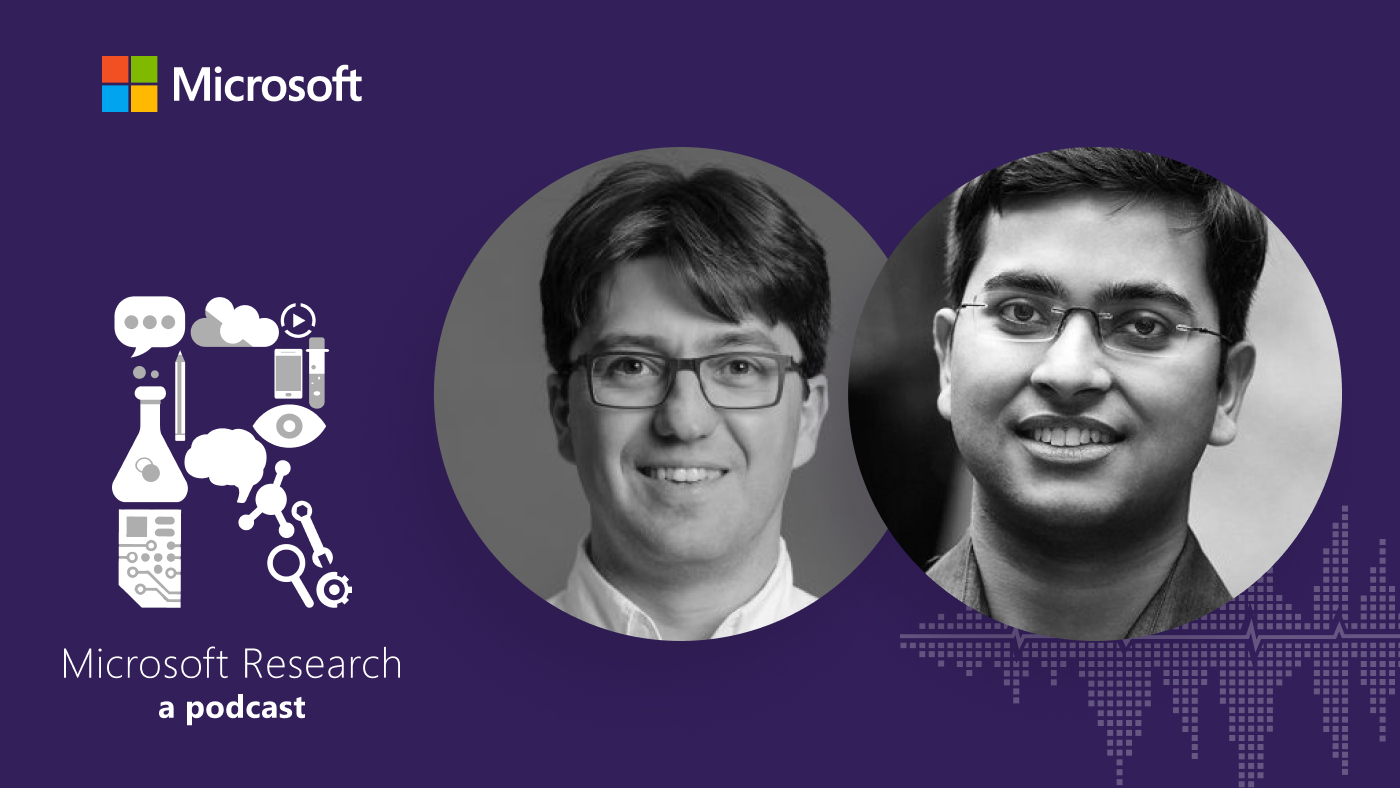 black and white photos of Emre Kiciman, Senior Principal Researcher at Microsoft Research and Amit Sharma, Principal Researcher at Microsoft Reserach, next to the Microsoft Research Podcast "R" logo