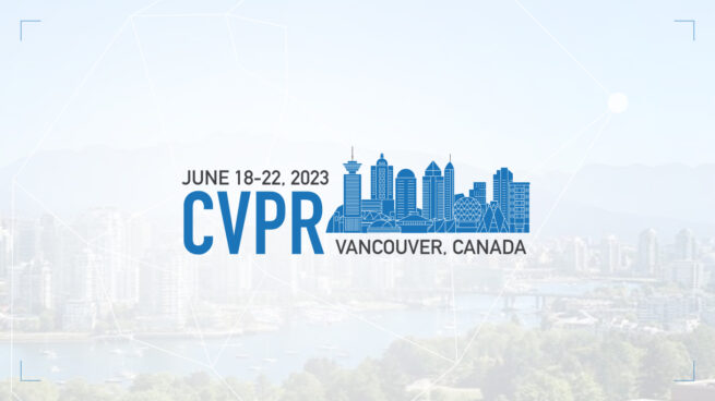 Logo for the CVPR 2023 conference showing the Vancouver, British Columbia skyline with the conference dates, June 18–23, 2023. In the background, there is a faded photo of the city of Vancouver on a sunny day.