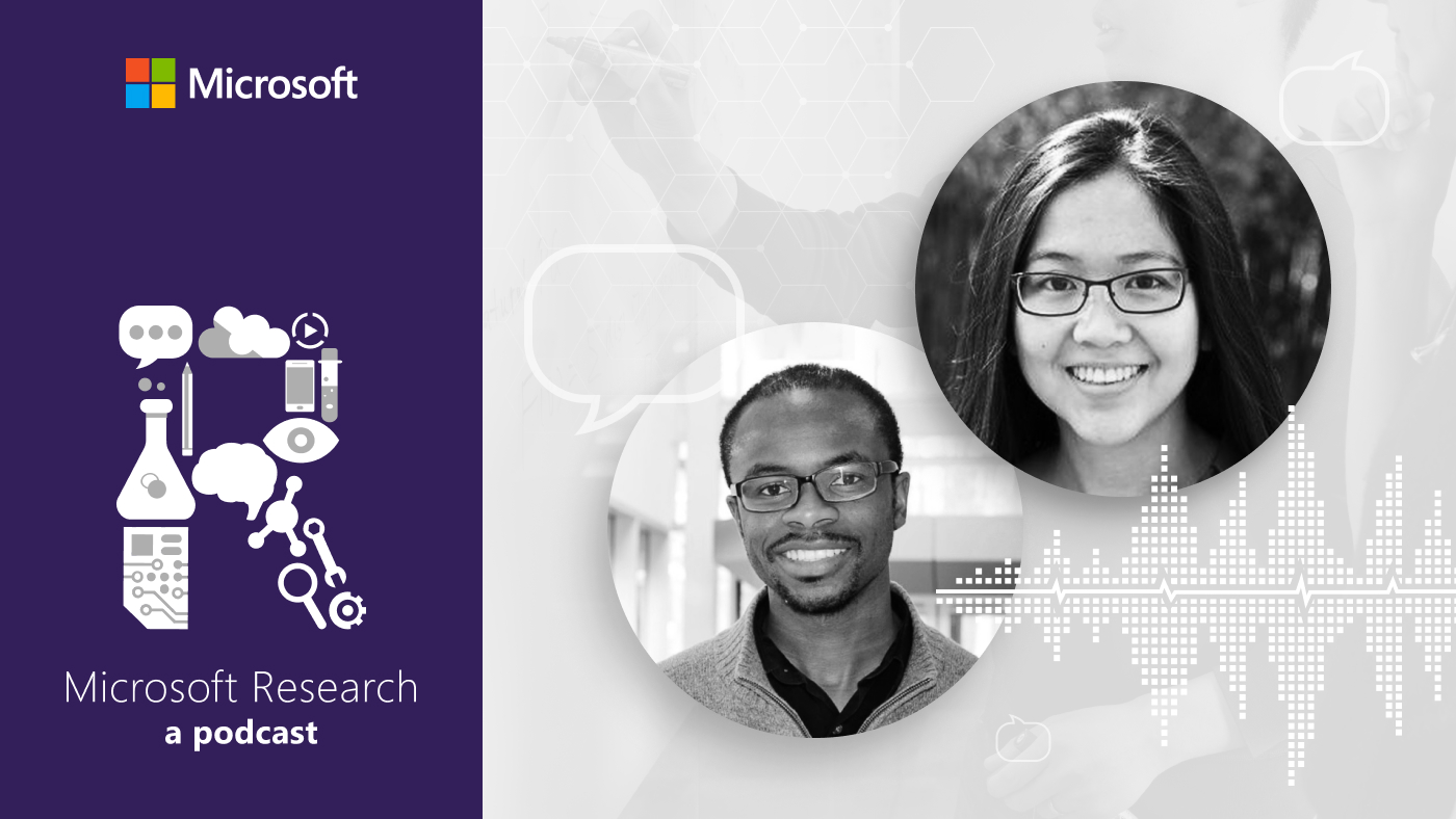 black and white photos of Microsoft Principal Researcher Dr. Bichlien Nguyen and Dr. David Kwabi, Assistant Professor of Mechanical Engineering at the University of Michigan, next to the Microsoft Research Podcast 