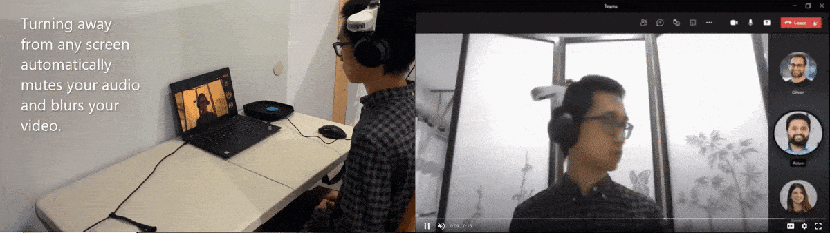 Figure 1: Two videos side-by-side showing the headphones in a context-aware privacy-control scenario. On the left, there is an over-the-shoulder view of a wearer participating in a video call on a laptop. As he looks away from the call, the laptop screen changes color, and the application is muted, depicted by a mute icon overlayed on the video. As the wearer looks back at the screen, it becomes unblurred and a unmute icon is overlaid on the image, indicating the mute has been turned off. On the right, we see the laptop screen previously described.