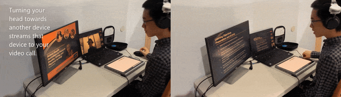 DIS 2023 - Figure 4: Two videos side-by-side showing a headphone wearer among a multitude of devices controlling which screen is shared in a video call. The video on the left shows an over-the-shoulder view of a person interacting with three screens—a monitor, a laptop, and a tablet—while wearing headphones. A video call is in progress on the laptop, and the wearer is giving a presentation, which appears as a slide on the attached monitor. As the wearer turns from the laptop screen to the monitor, the presentation slide appears on the shared laptop screen. The video on the right shows an over-the-shoulder view of the person interacting with three screens—a monitor, a laptop, and a tablet—while wearing headphones. We see the wearer looking at the monitor with a presentation slide, which is mirrored on the laptop screen. He then turns from the monitor to the tablet, which has a drawing app open. As he does this, the drawing app appears on the shared laptop screen. The wearer uses a pen to draw on the tablet, and this is mirrored on the laptop. Finally, the wearer looks up from the tablet to the laptop, and the laptop screen switches to the video call view with the participants’ videos.