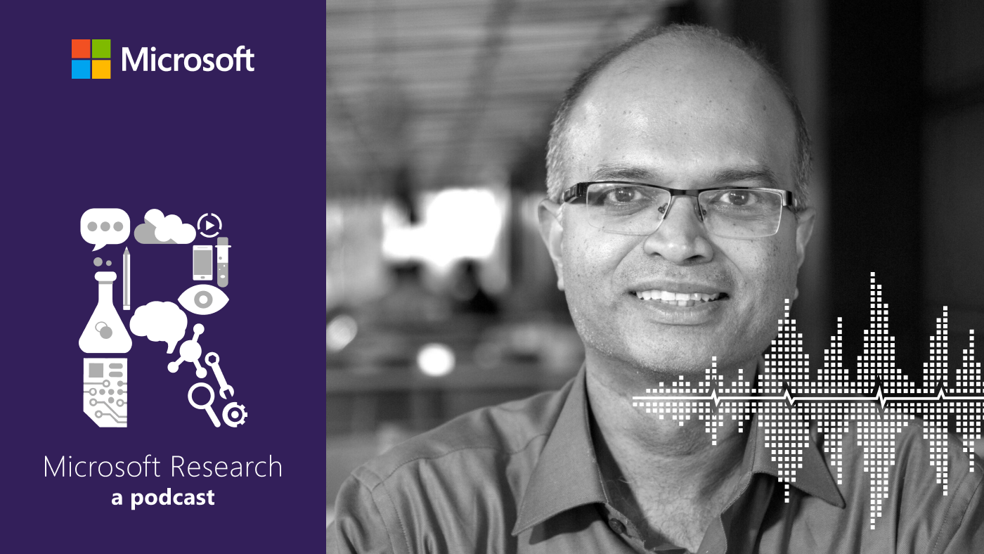AI Frontiers with Sriram Rajamani; black and white photo of Sriram Rajamani, Managing Director of Microsoft Research India, next to the Microsoft Research Podcast 