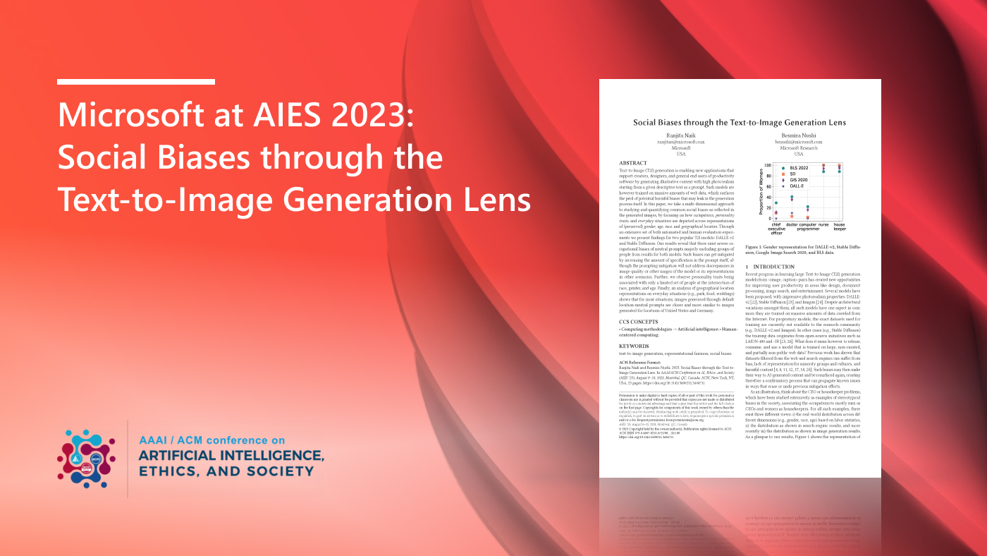 "Microsoft at AIES 2023: Social Biases through the Text-to-Image Generation Lens" title to the left of the front page of said publication on a red, abstract background.