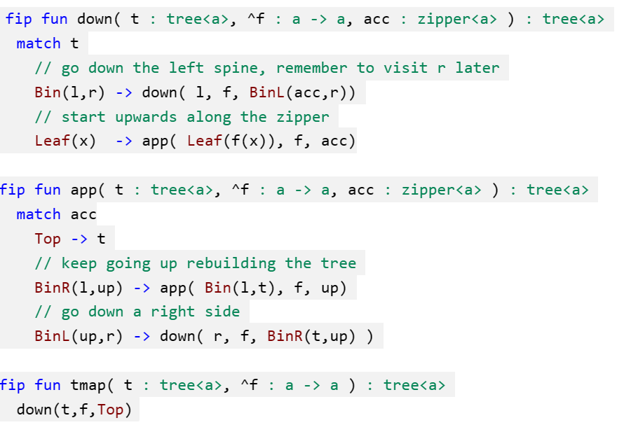 FP2: Fully In-Place Functional Programming - unvisited subtrees code in Koka