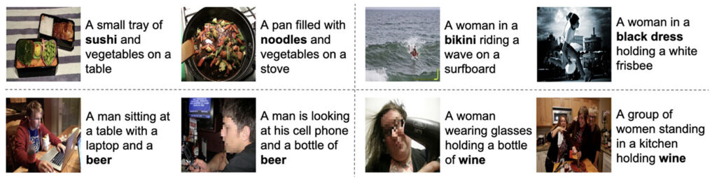 Figure 2: Examples of system-generated captions for images from the COCO dataset. They include inaccuracies that are likely explained by stereotypes. For example, an image of a woman holding a hair dryer being captioned “a woman wearing glasses holding a bottle of wine.”