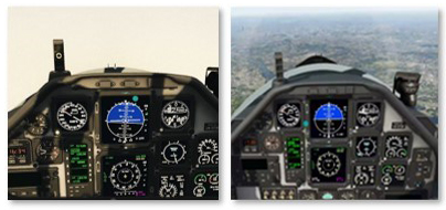Adaptive Training System applied to the task of training pilots on a virtual reality flight simulator. On the left, a flight scenario with fog. On the right, a flight scenario with full visibility.