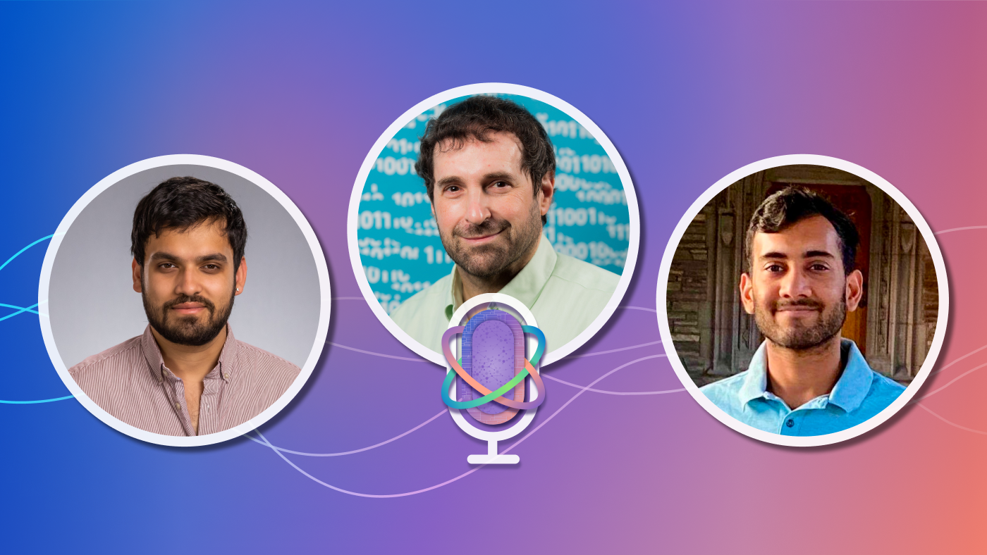 photos of PhD students Anunay Kulshrestha and Karan Newatia with a photo of Senior Cryptographer Josh Benaloh in the middle with a microphone icon on a blue and purple gradient background