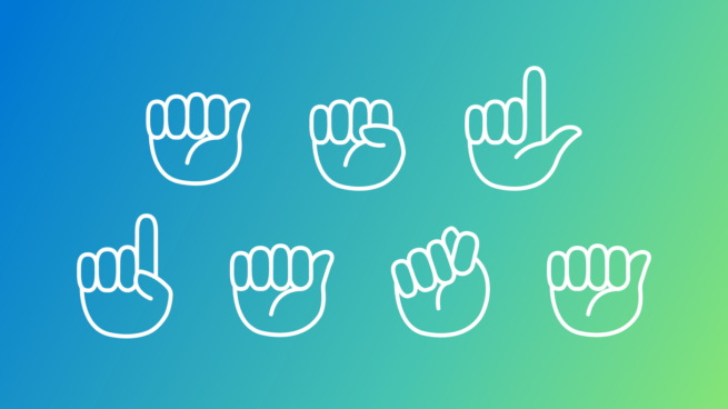 Blue to green gradient. Two rows of hands: the top row signing ASL and the bottom row signing Data.