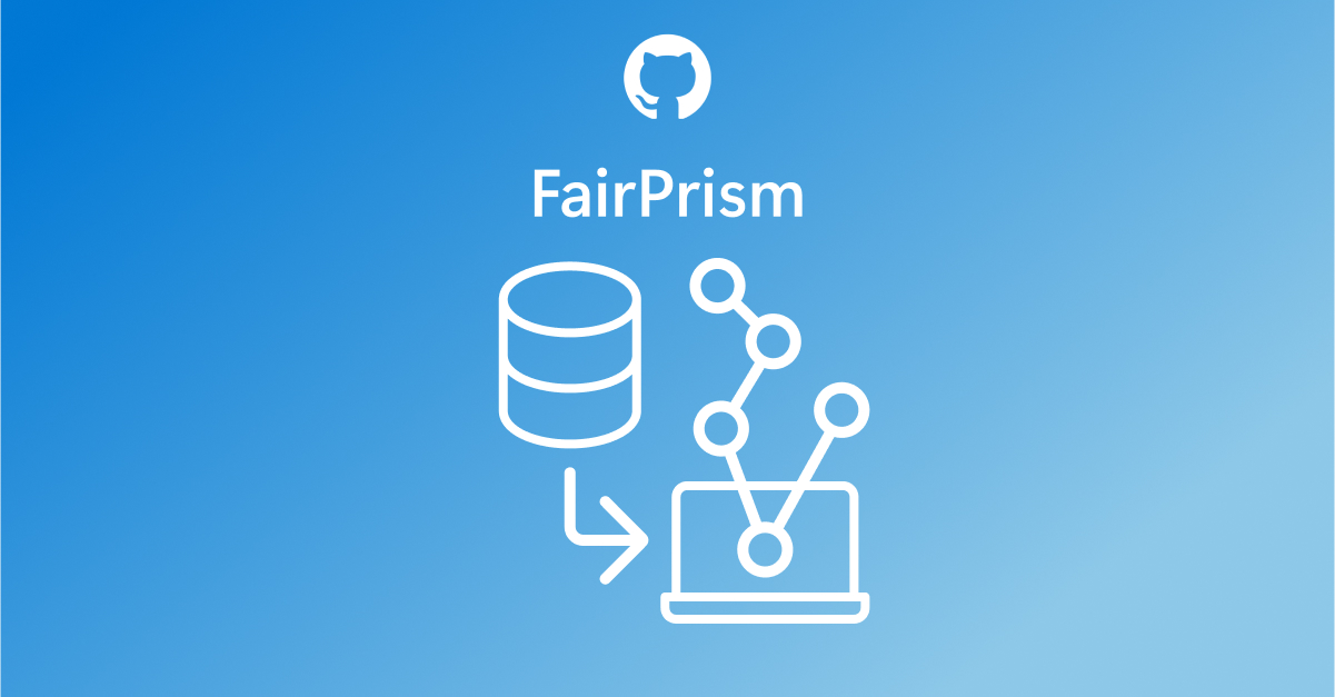 ALT TEXT: An illustration of the dataset FairPrism comprising an icon of a database stack with an arrow pointing to an icon of a laptop overlaid with an icon of a network. The GitHub logo is included to indicate the dataset’s open-source availability. 