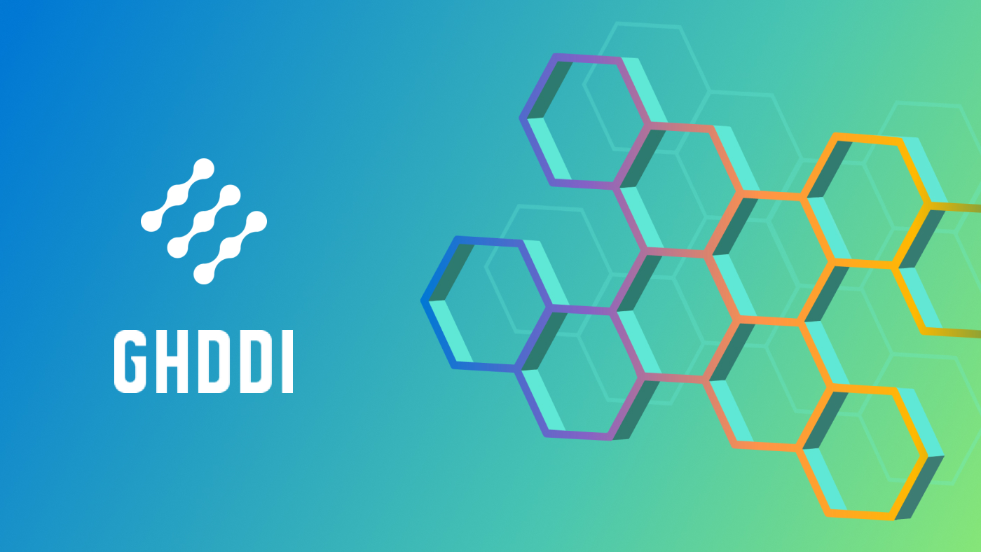 GHDDI name and logo on the left with a rainbow spectrum colored honeycomb on the right on a green and blue gradient background