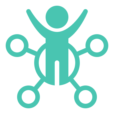 green icon of a person standing on a circle with four smaller circles connected