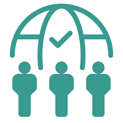 medium green icon of three people standing under an archway with a checkmark