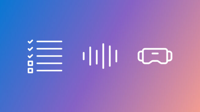Blue, purple, pink gradient background with three images: a five item checklist on the left, a sound wave in the middle, and goggles on the right.