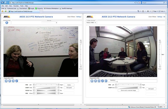 George Robertson gets a pair of views of the meeting he is attending from a remote location. At left is a customizable look that includes Kori Inkpen Quinn (left) and Gina Venolia. At right is a fish-eye view of everybody in the meeting, including (from left) John Tang, Quinn, Venolia, and Bongshin Lee.