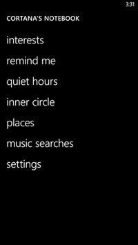 notebook menu for Cortana