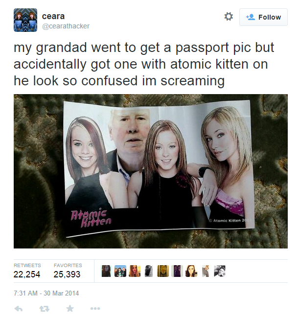Tweet text with a picture of an older man in a picture with three blonde young women