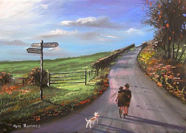 Fifth example of a drawing; painting of a road with two people and a dog walking down