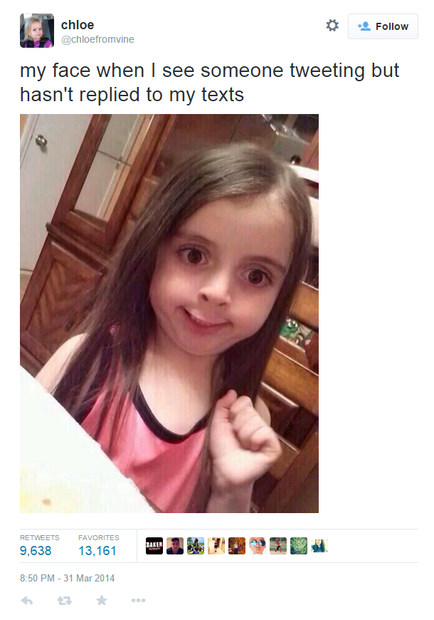 Tweet text with a picture of a young girl making a funny face