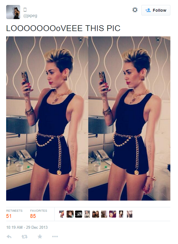 Tweet text with a picture of two Miley Cyrus's vertically next to each other