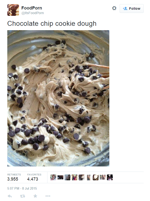 Tweet text with a picture of bowl of chocolate chip cookie dough with a whisk on the right
