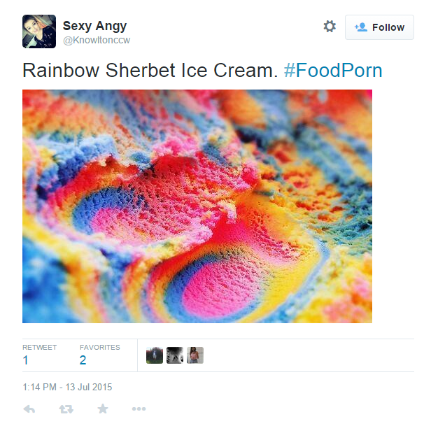 Tweet text with a picture of rainbow sherbet ice cream