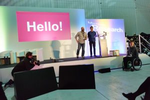 a group of people standing in a room