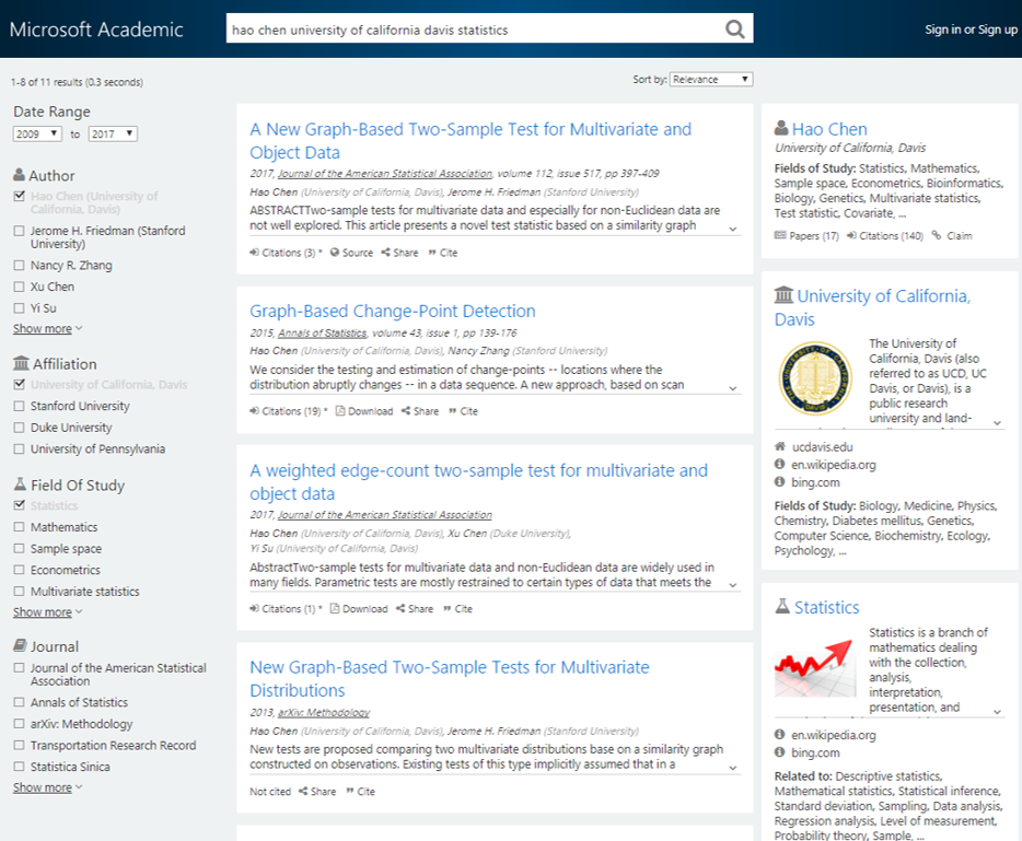 Screenshot of search results showing papers for the query Hao Chen UC Davis Statistics