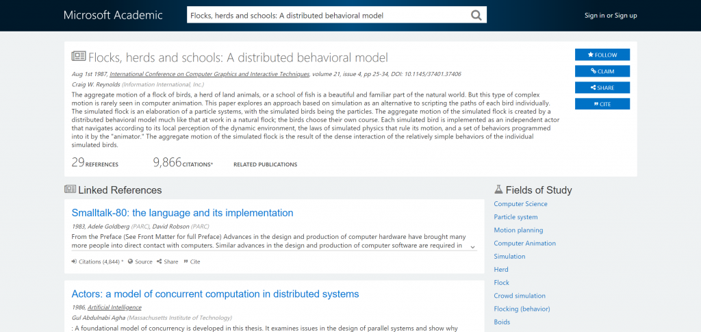 Screenshot of paper Flocks, herds and schools: A distributed behavioral model showing fields of study tagged onto paper.