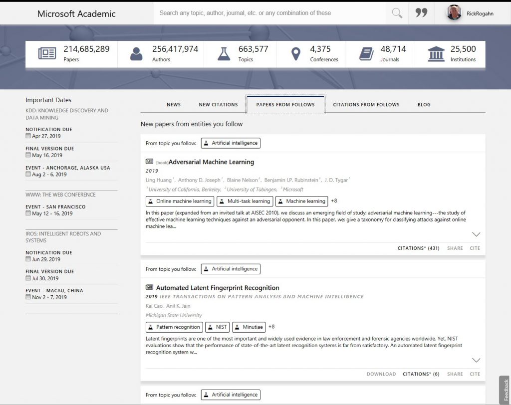 Screenshot of Microsoft Academic personalized homepage