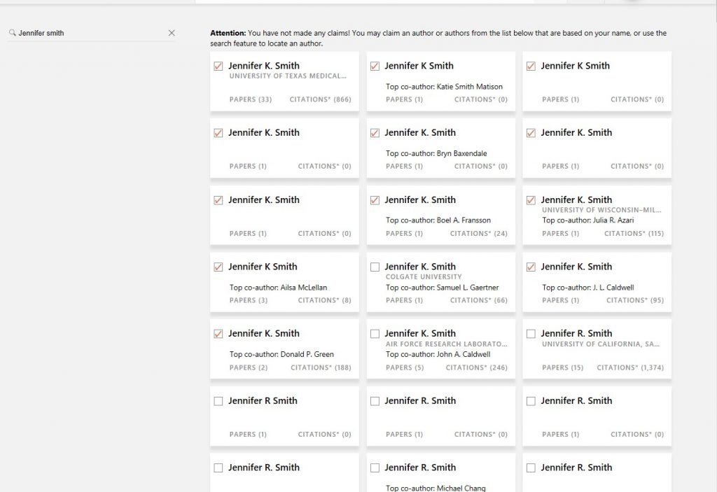 Screenshot of Microsoft Academic of selected authors display