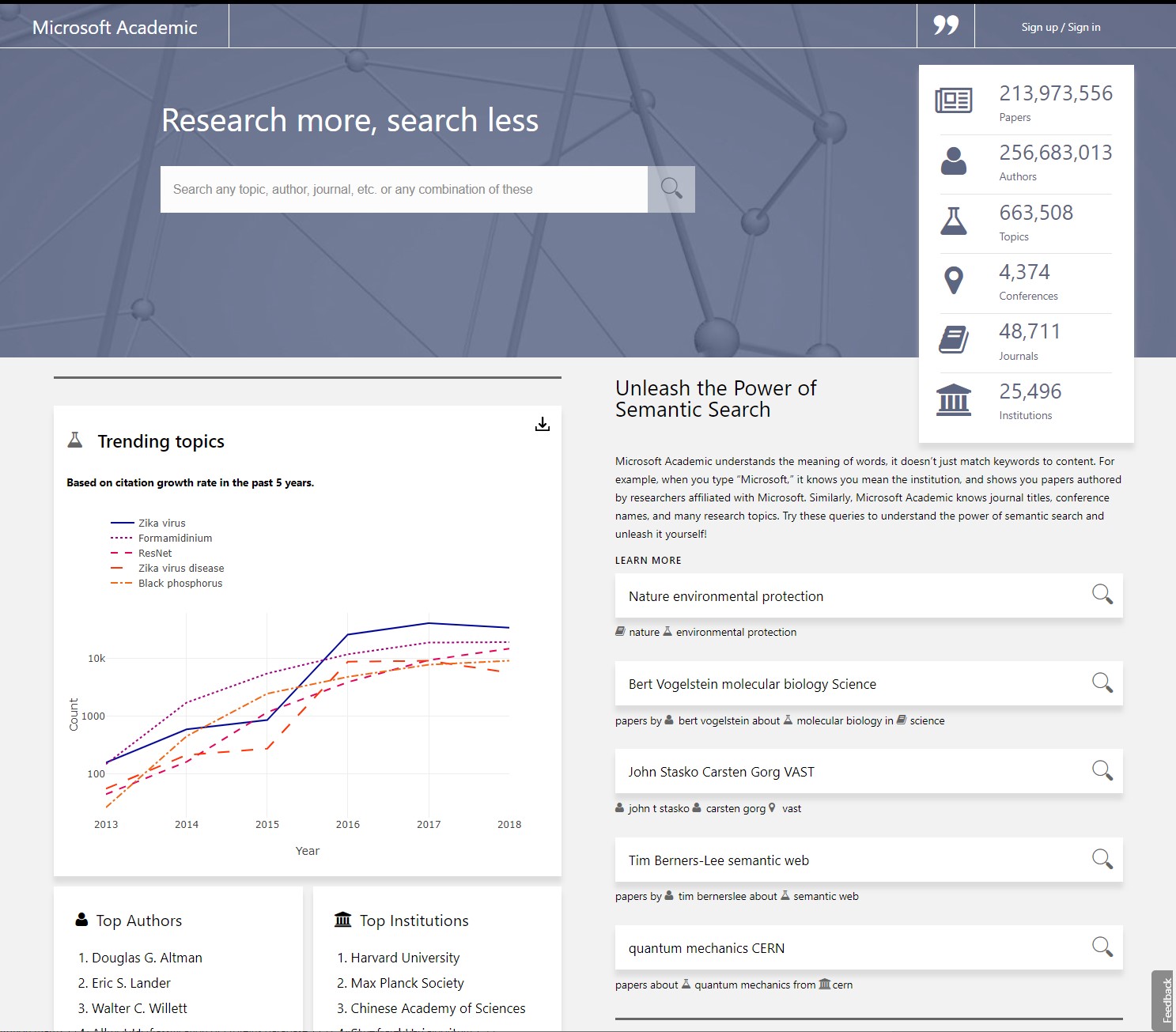 Screenshot of the updated academic search homepage UI