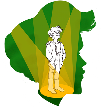 Background: Green and yellow silhouette of a person's facial profile. Foreground: The same person stands within their silhouette