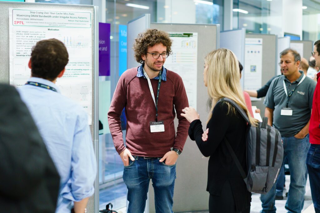 a group of people standing in a room