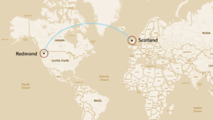 Map showing the data connection between Redmond and Northern Scotland